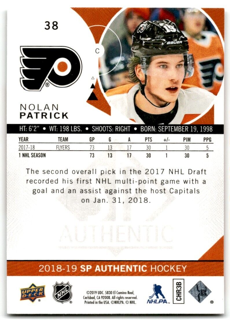 2018-19 SP Authentic Nolan Patrick Philadelphia Flyers #38