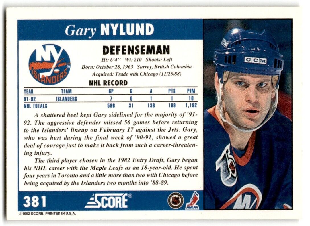 1992-93 Score Gary Nylund New York Islanders #381