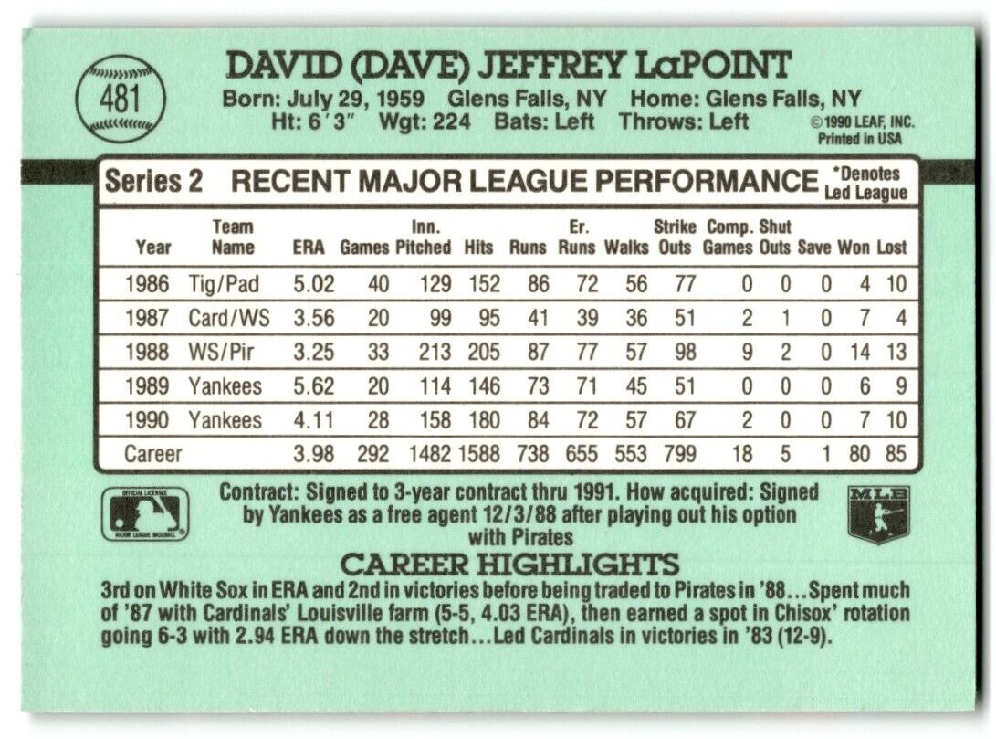 1991 Donruss Dave LaPoint New York Yankees #481