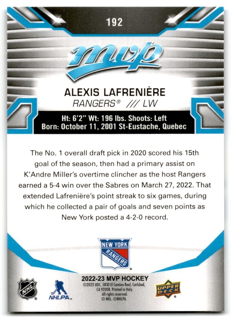 2022-23 Upper Deck MVP Alexis Lafreniere New York Rangers #192