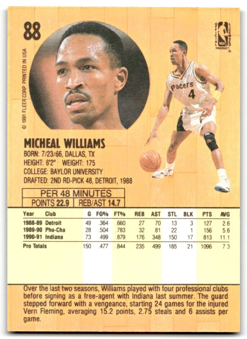 1991-92 Fleer Micheal Williams Indiana Pacers #88