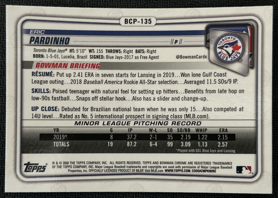 2020 Bowman Chrome Prospects Eric Pardinho Toronto Blue Jays #BCP-135