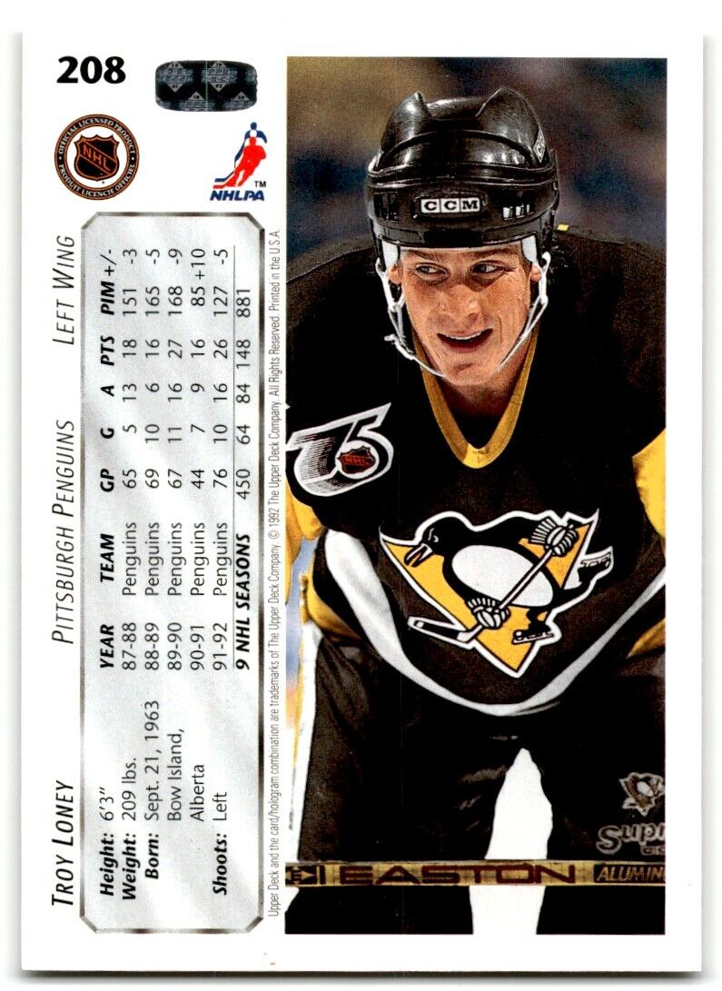 1992-93 Upper Deck Troy Loney Pittsburgh Penguins #208