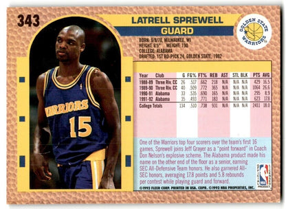 1992-93 Fleer Latrell Sprewell Rookie Golden State Warriors #343