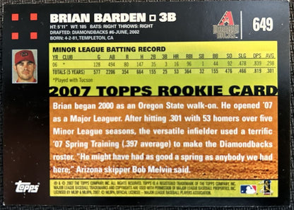 2007 Topps Brian Barden Rookie Arizona Diamondbacks #649