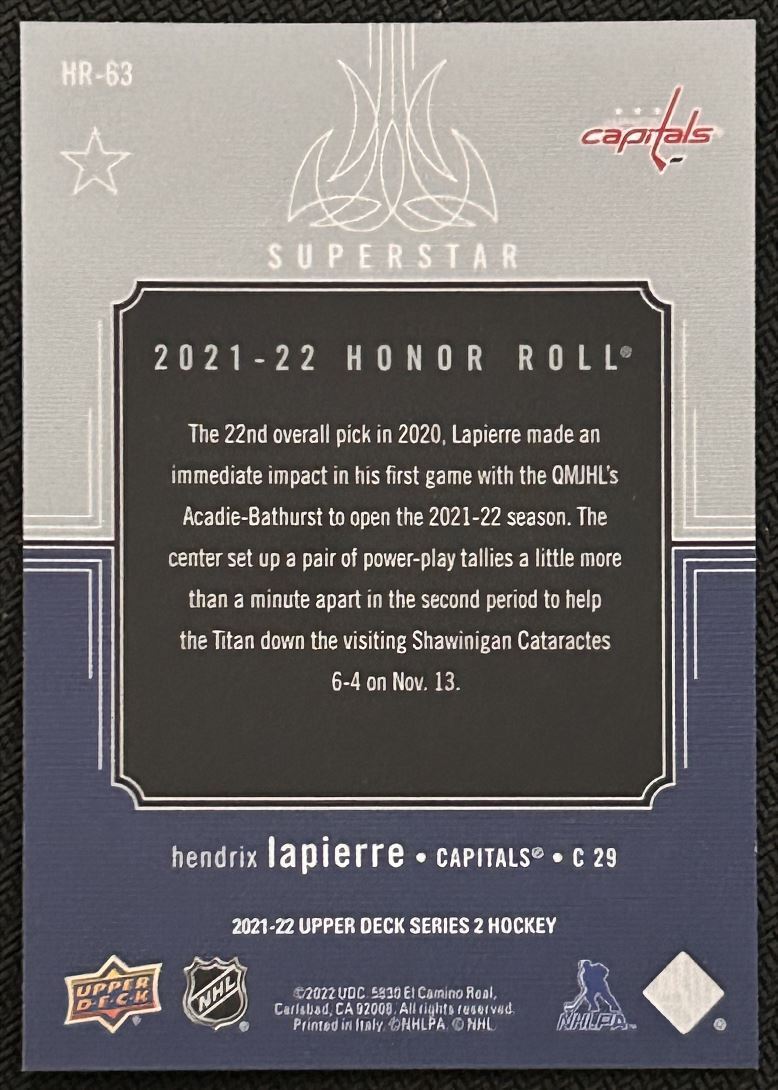 2021-22 Upper Deck Honor Roll Hendrix Lapierre Washington Capitals #HR-63