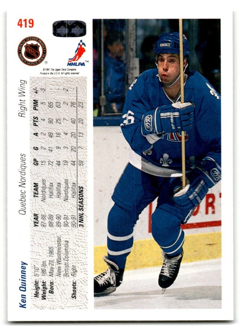 1991-92 Upper Deck Ken Quinney Rookie Quebec Nordiques #419