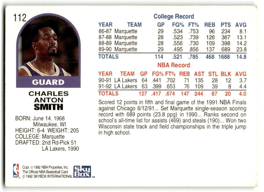 1992-93 Skybox Charles Smith Los Angeles Lakers #112