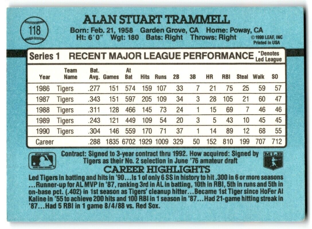 1991 Donruss Alan Trammell Detroit Tigers #118