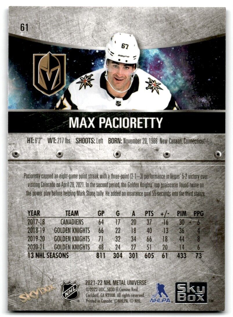 2021-22 Skybox Metal Universe Max Pacioretty Vegas Golden Knights #61