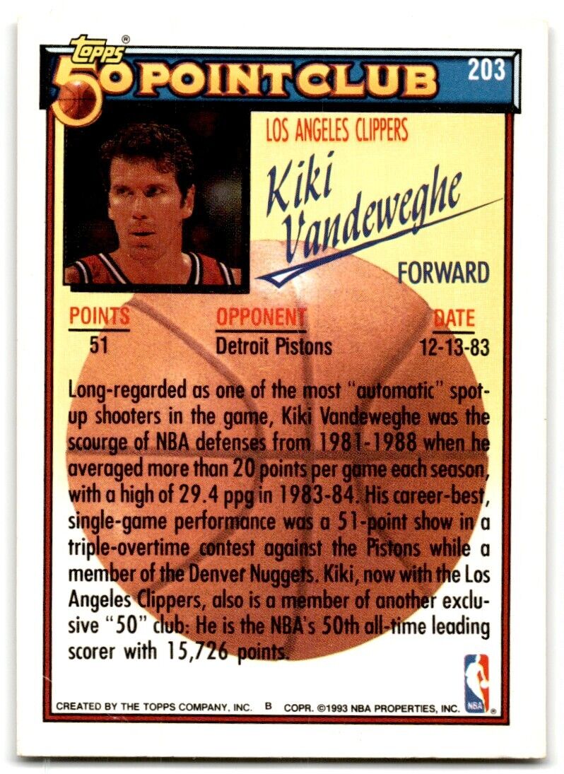 1992-93 Topps 50 points club Kiki Vandeweghe Los Angeles Clippers #203