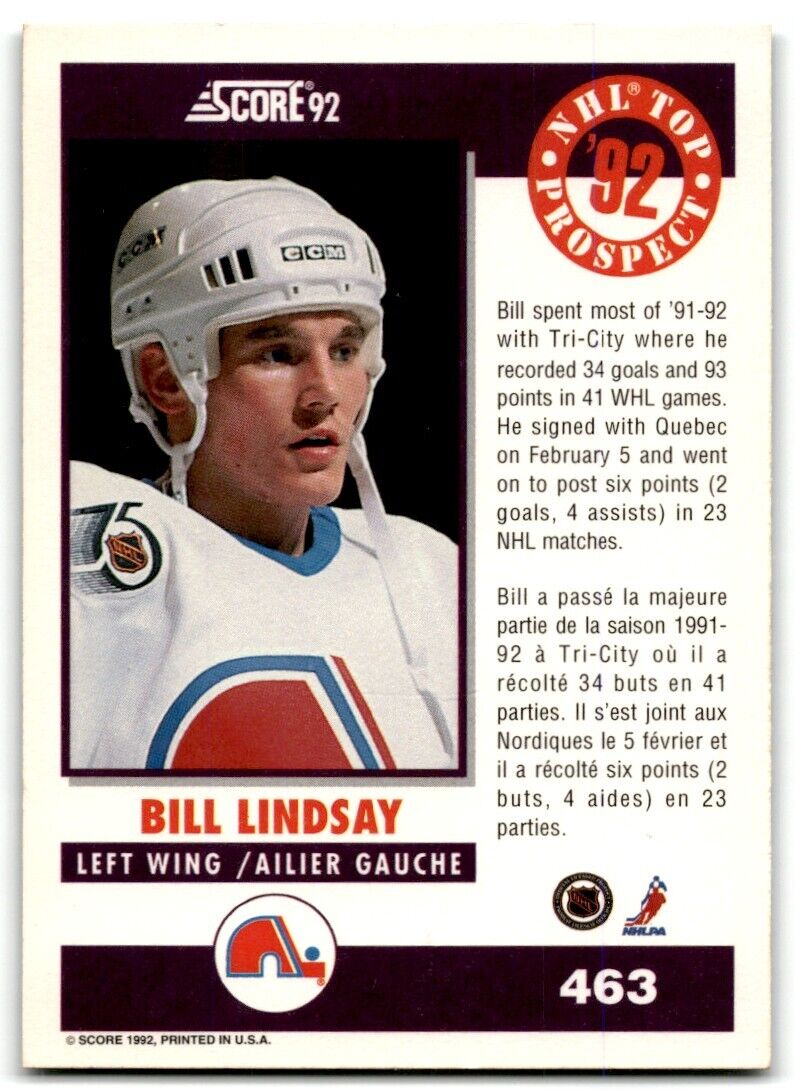 1992-93 Score Canadian Bill Lindsay Rookie Quebec Nordiques #463