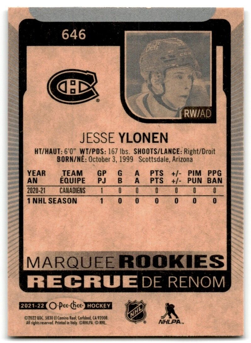 2021-22 Upper Deck 2021-22 O-Pee-Chee Update Jesse Ylonen Rookie Montreal