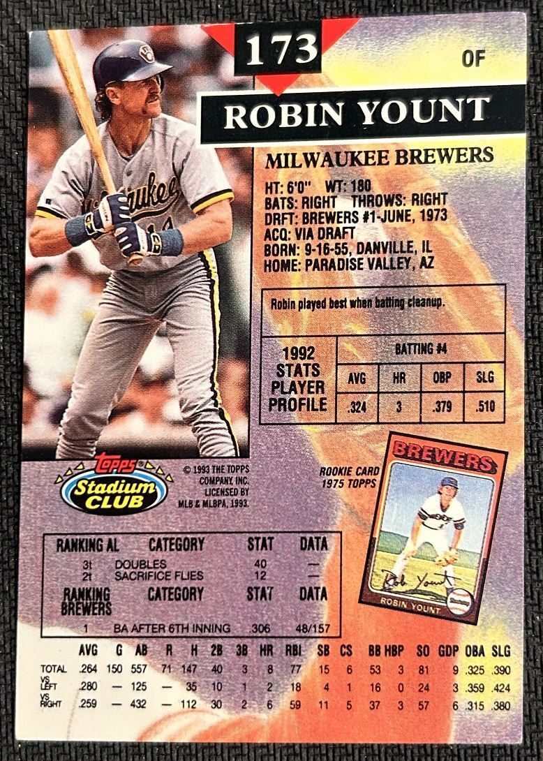 1993 Topps Stadium Club Robin Yount Milwaukee Brewers #173