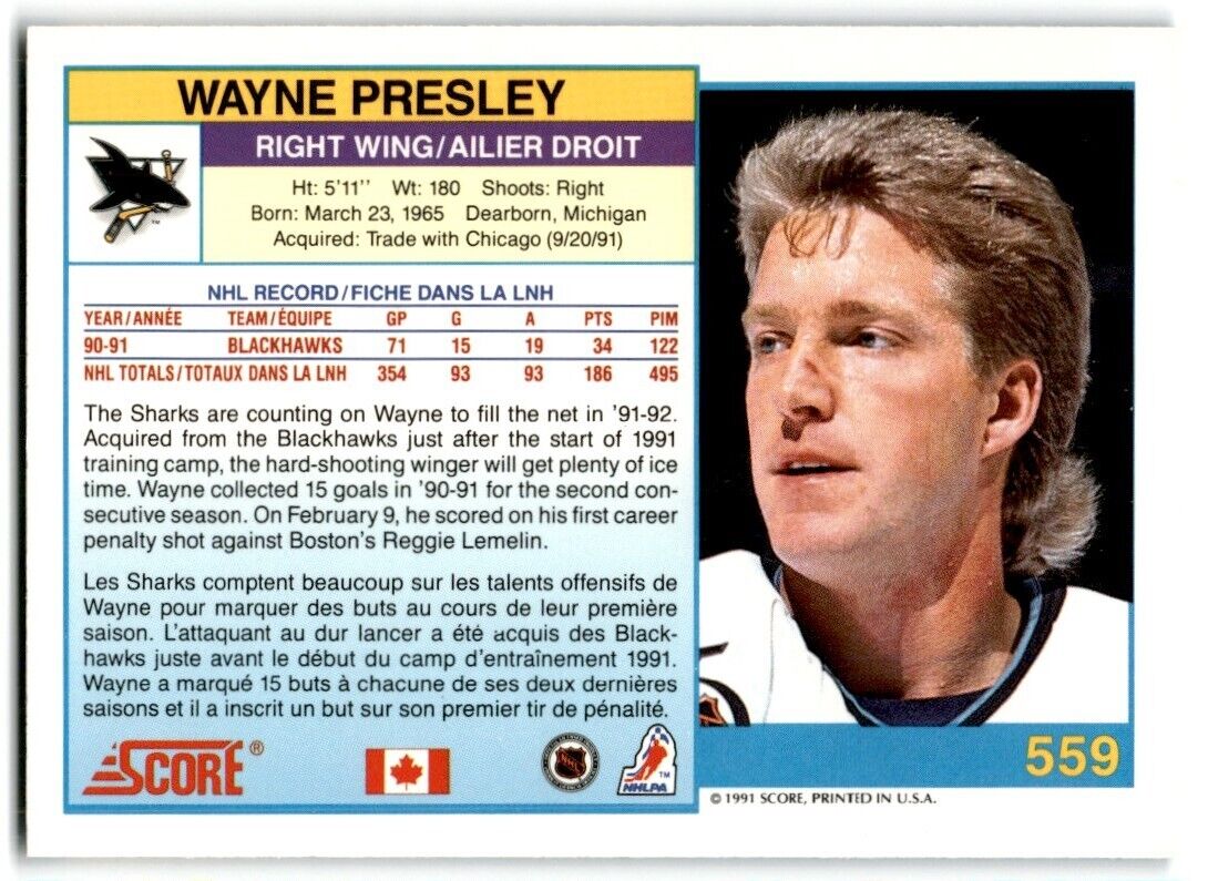 1991-92 Score Canadian Bilingual Wayne Presley San Jose Sharks #559