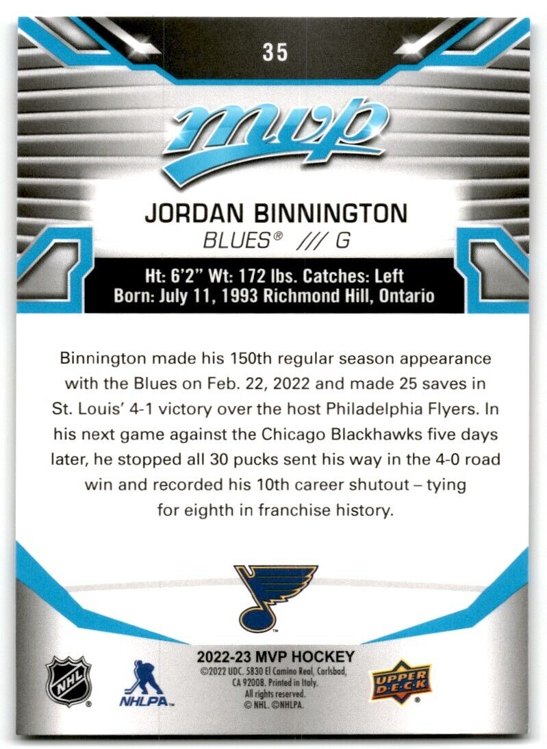 2022-23 Upper Deck MVP Jordan Binnington St. Louis Blues #35