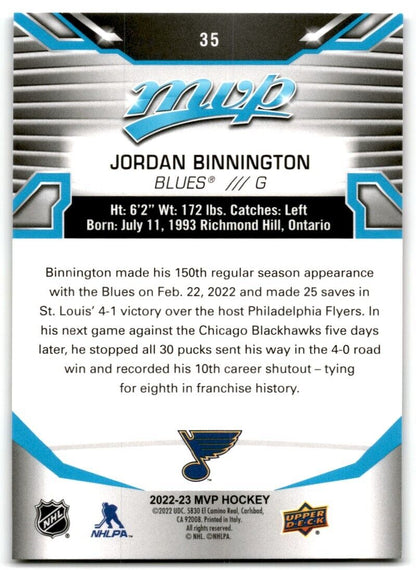 2022-23 Upper Deck MVP Jordan Binnington St. Louis Blues #35