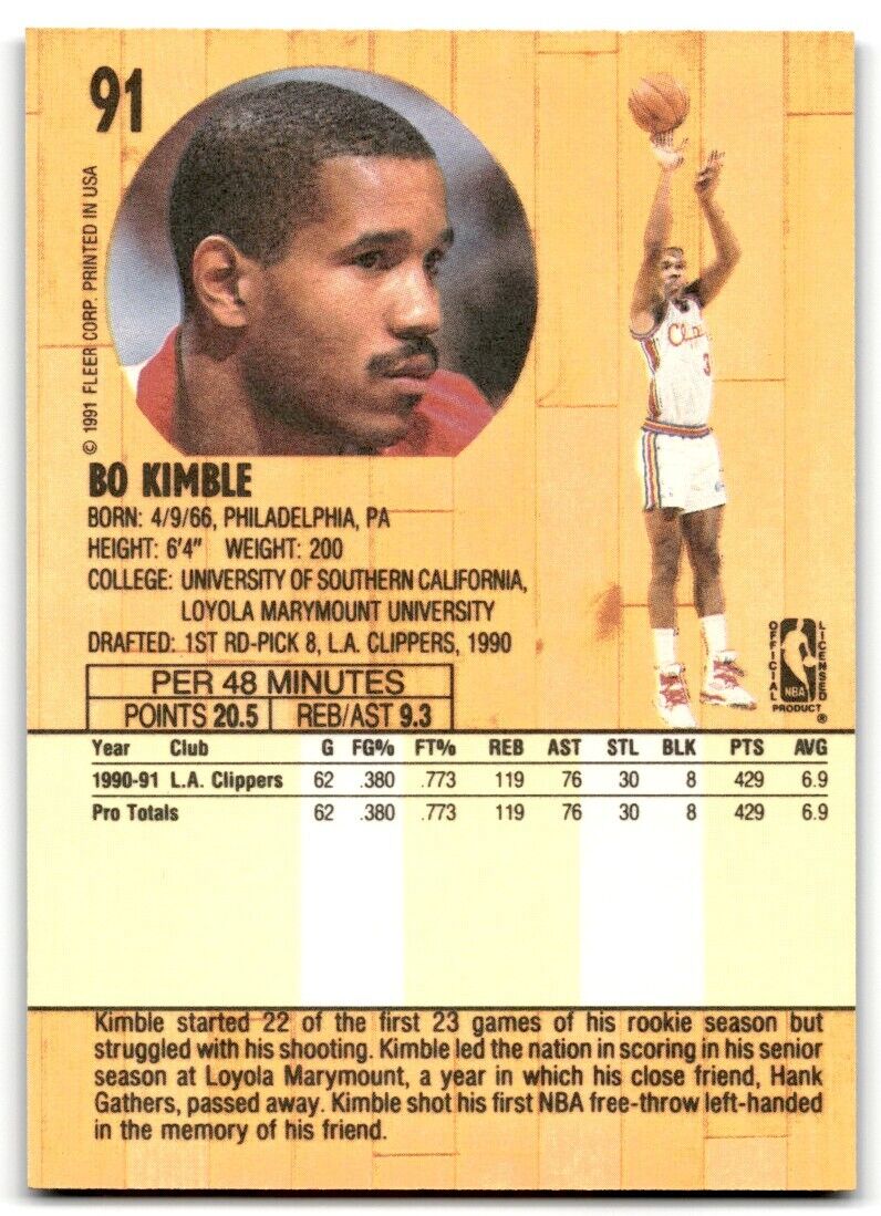 1991-92 Fleer Bo Kimble Los Angeles Clippers #91