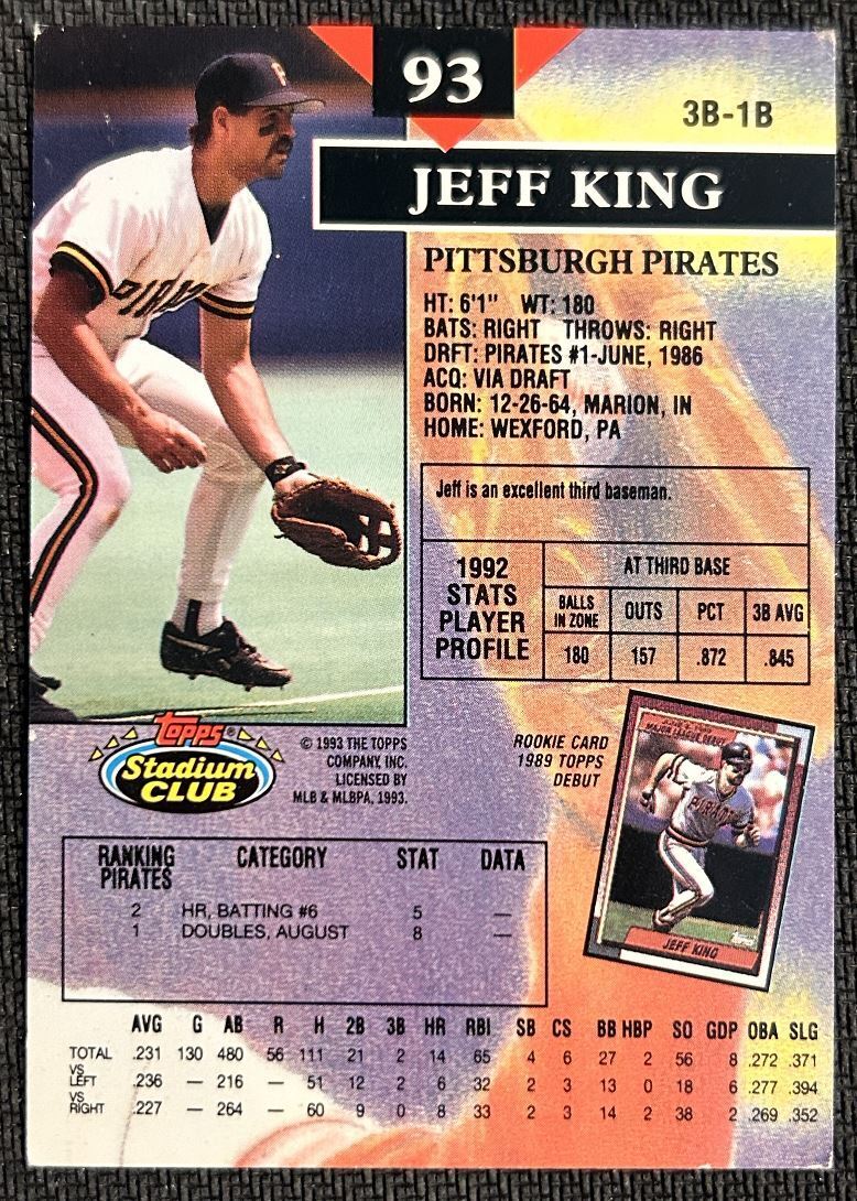 1993 Topps Stadium Club Jeff King Pittsburgh Pirates #93