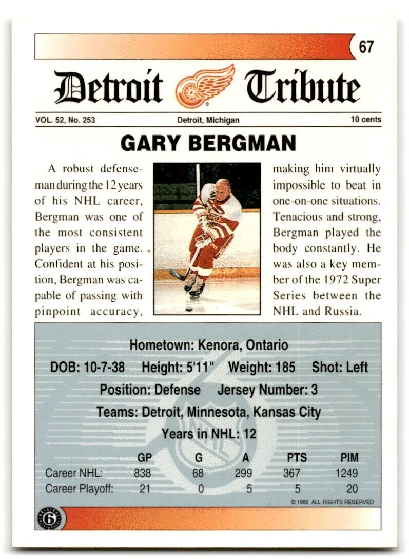 1991-92 Ultimate Original 6 Gary Bergman Detroit Red Wings #67