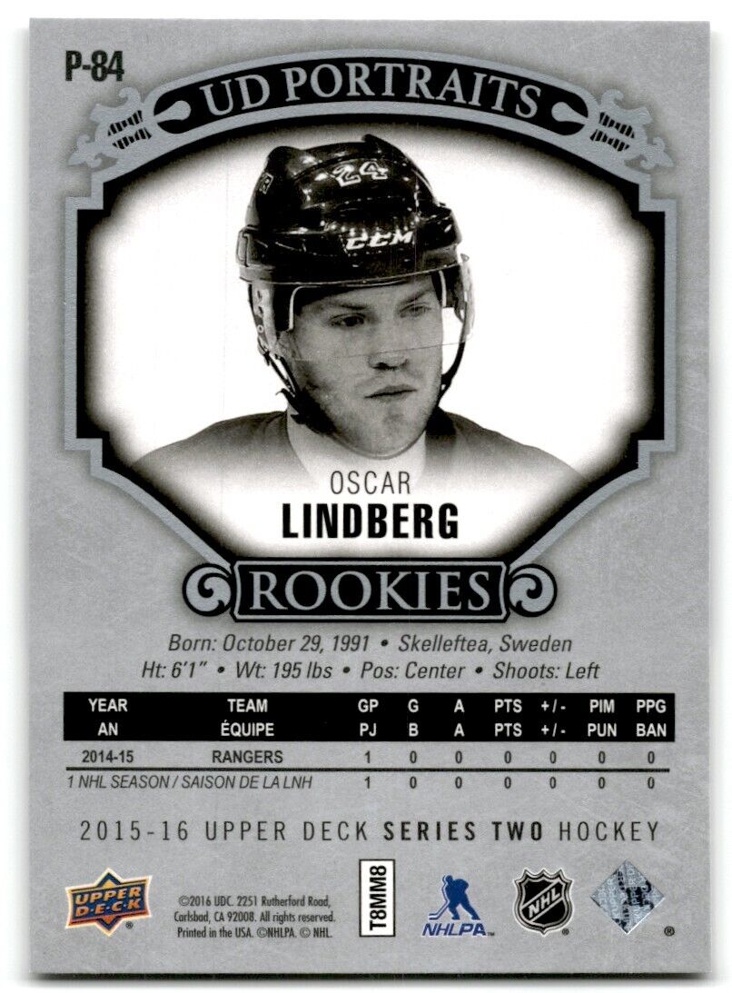 2015-16 Upper Deck Portraits Oscar Lindberg New York Rangers #P-84