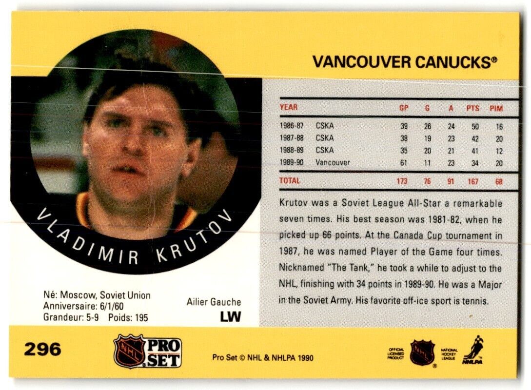 1990-91 Pro Set Vladimir Krutov Rookie Vancouver Canucks #296