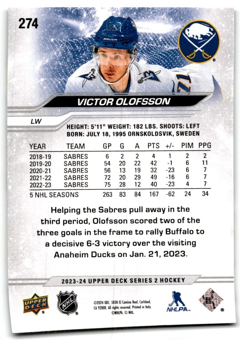 2023-24 Upper Deck Victor Olofsson Buffalo Sabres #274