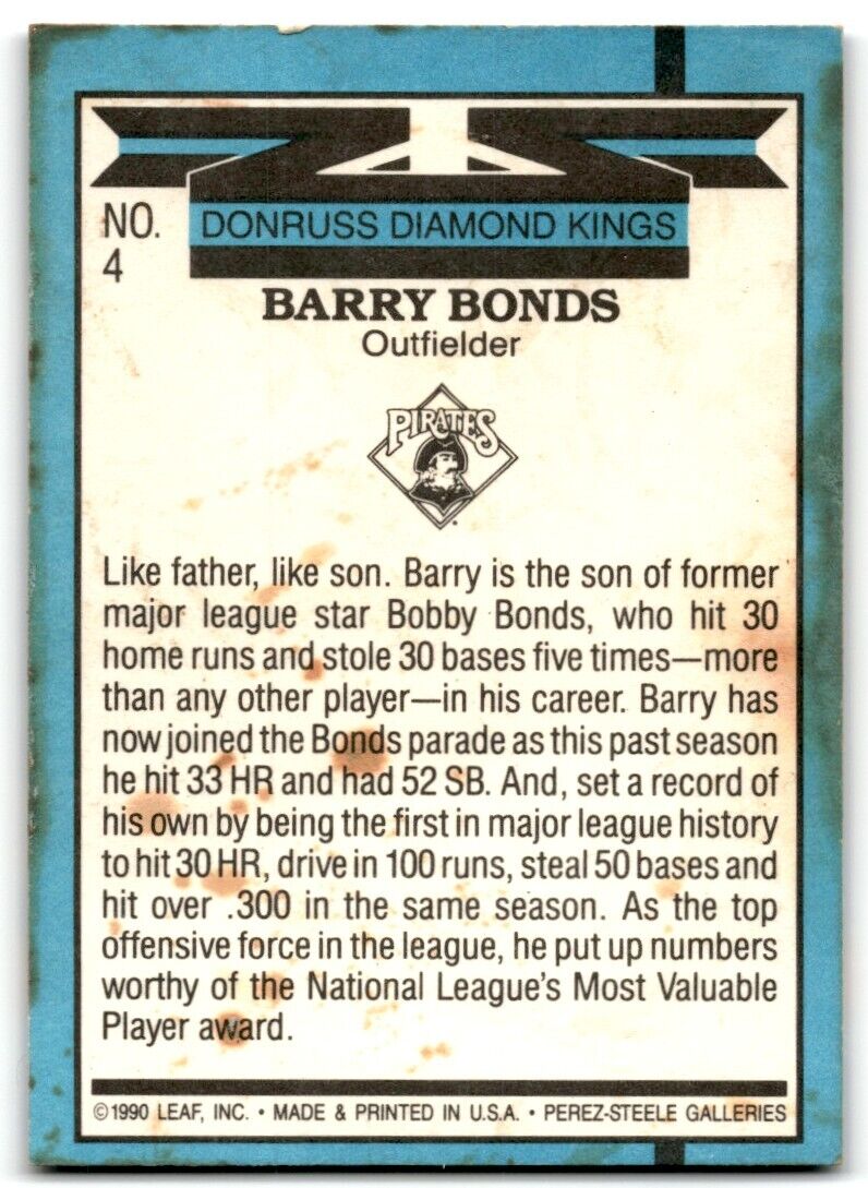 1991 Donruss Diamond Kings Barry Bonds Pittsburgh Pirates #4