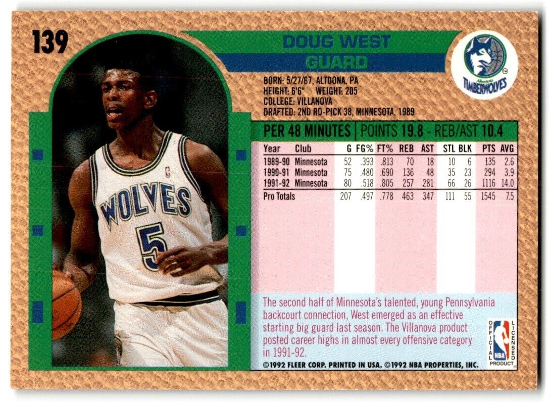 1992-93 Fleer Doug West Minnesota Timberwolves #139