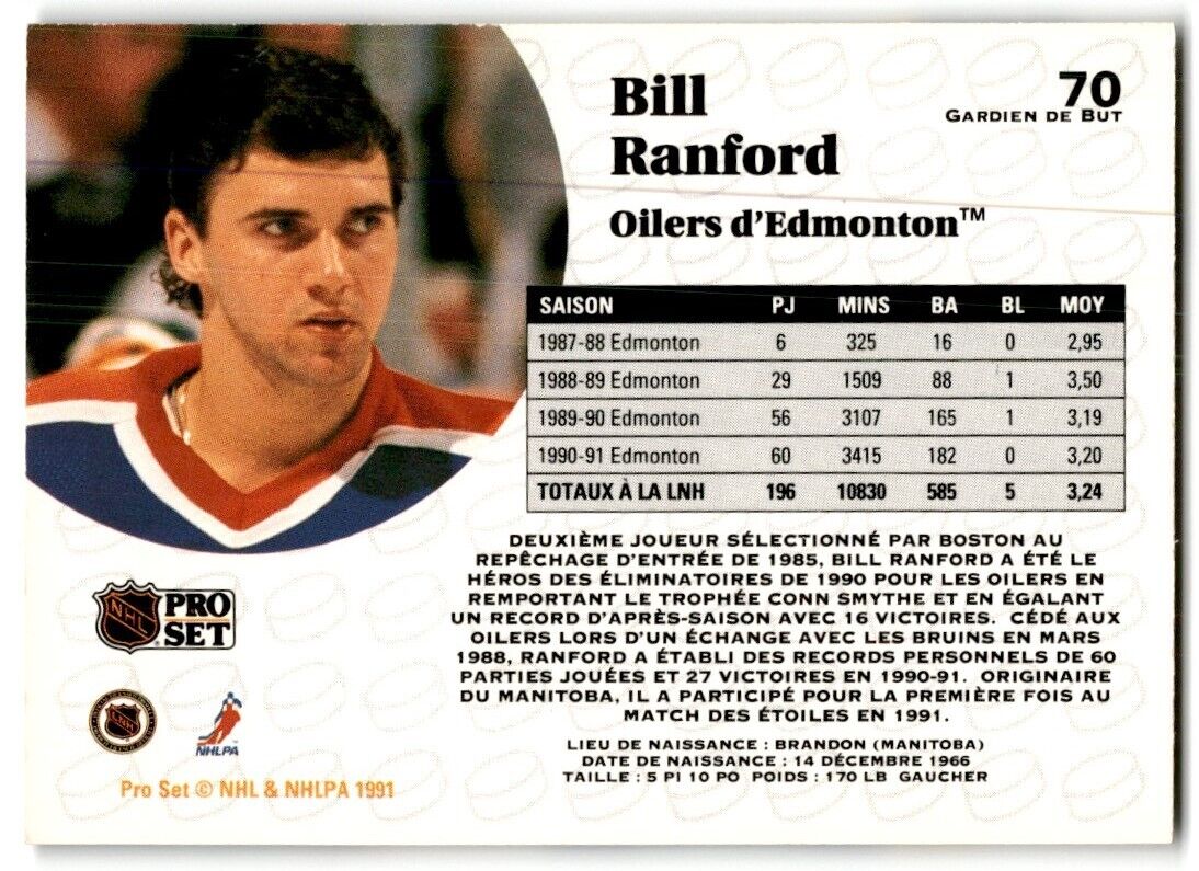 1991-92 Pro Set French Bill Ranford Edmonton Oilers #70