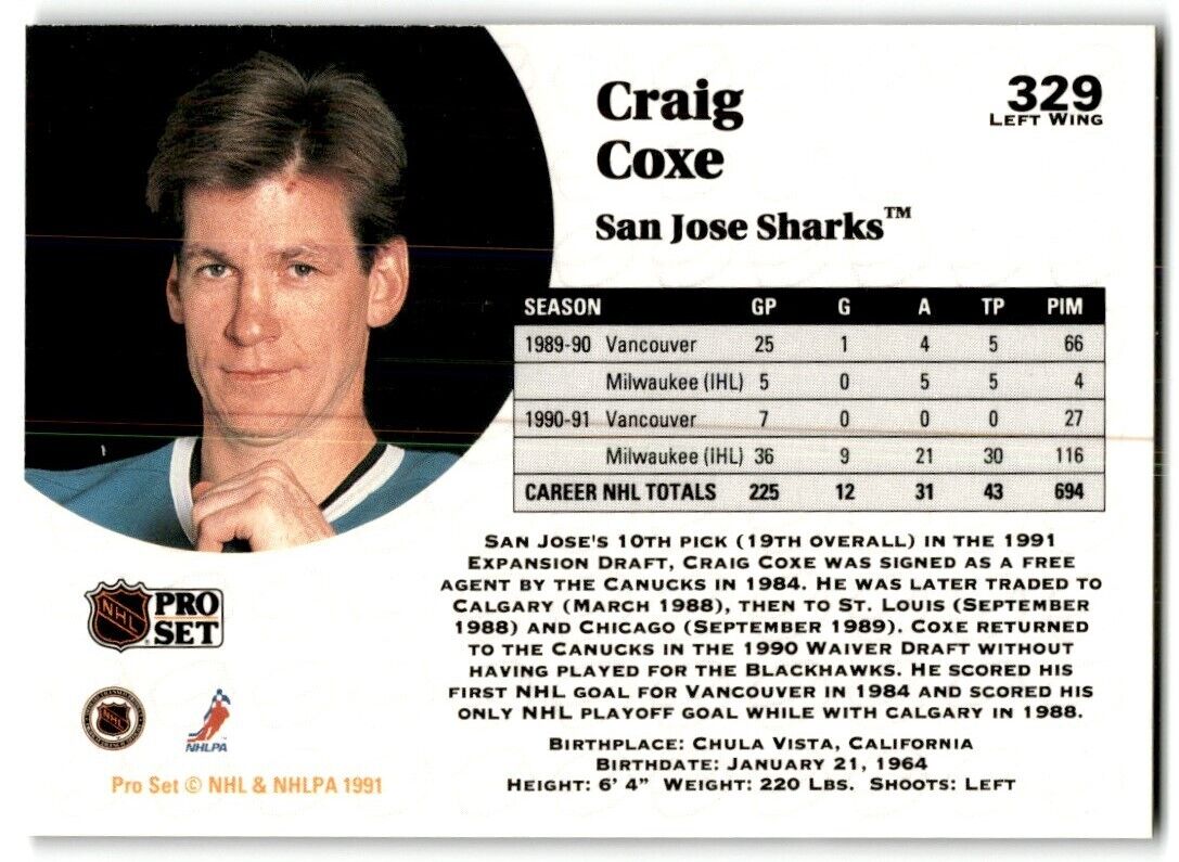 1991-92 Pro Set Craig Coxe San Jose Sharks #329