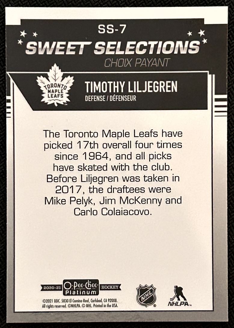 2020-21 O-Pee-Chee Platinum Sweet Selections Timothy Liljegren Toronto Maple