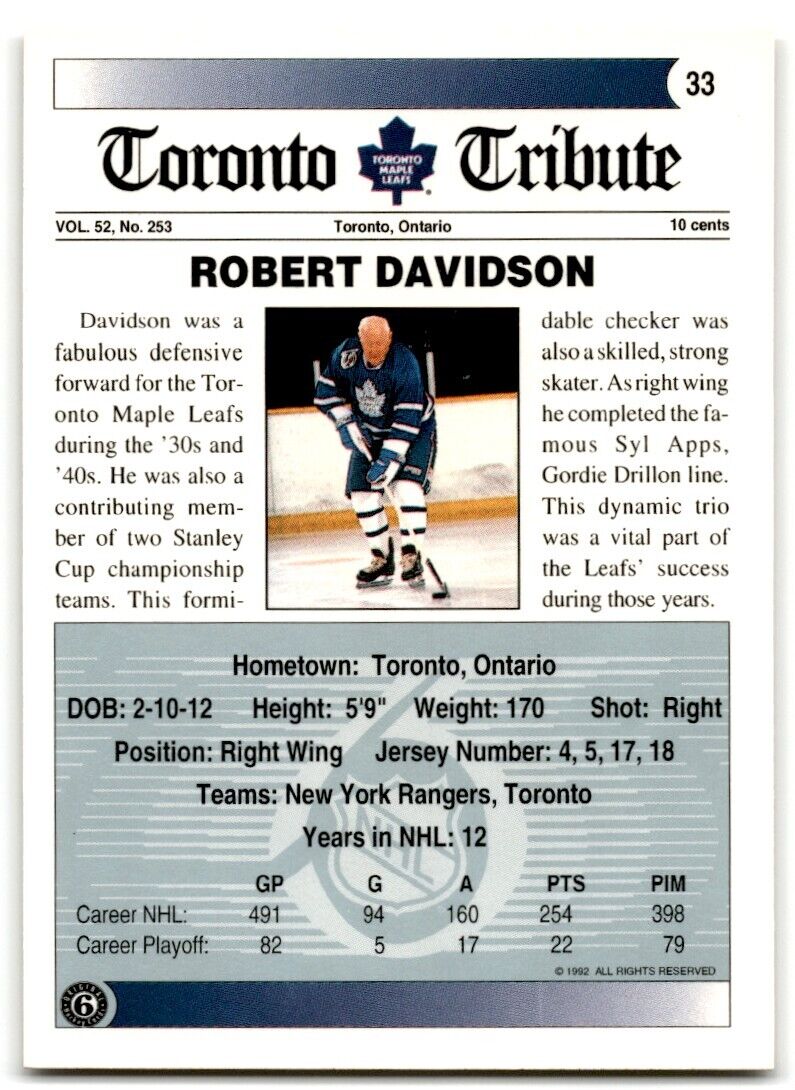 1991-92 Ultimate Original 6 Bob Davidson Toronto Maple Leafs #33