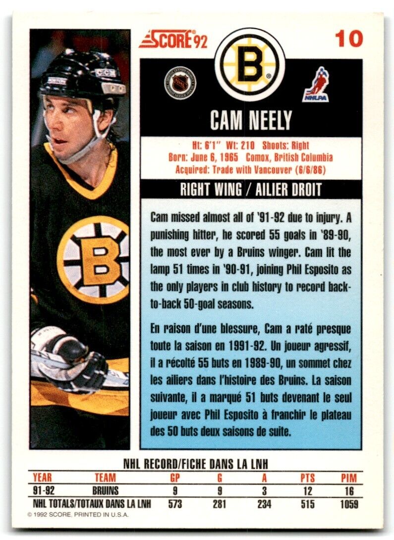 1992-93 Score Cam Neely Boston Bruins #10