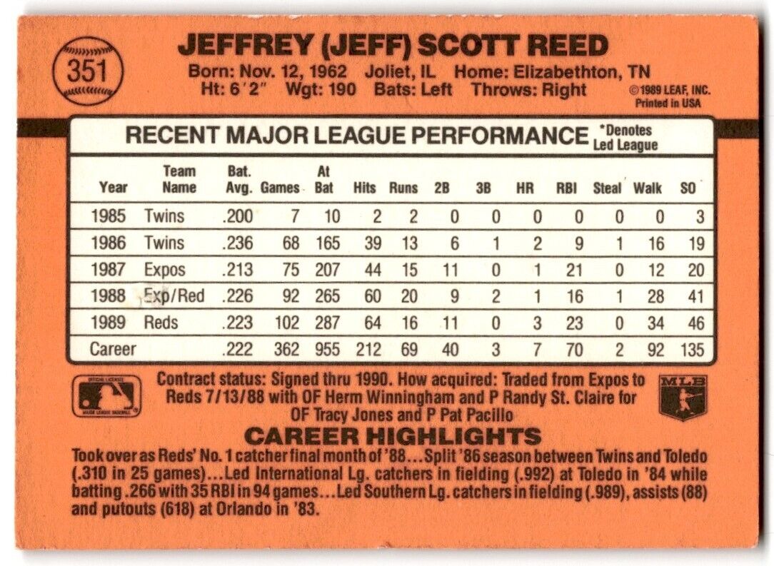 1990 Donruss Jeff Reed Cincinnati Reds #351