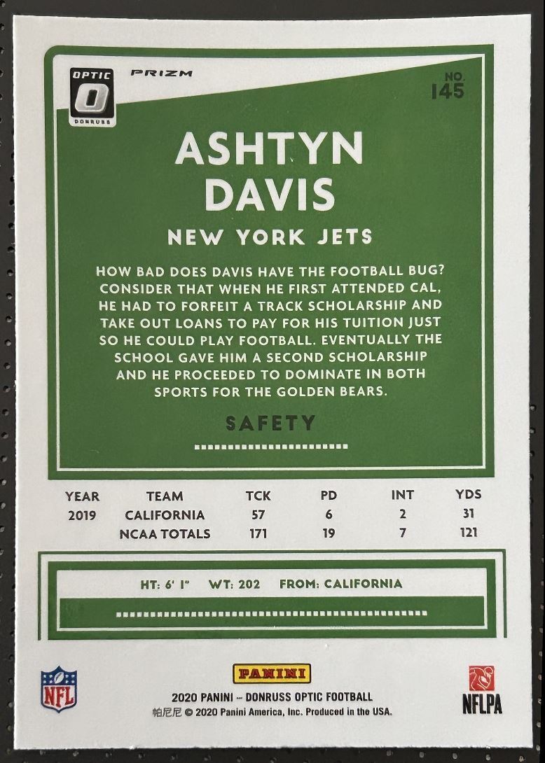 2020 Donruss Optic Preview blue Ashtyn Davis New York Jets #145 Parallel