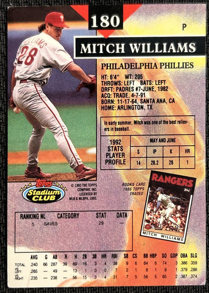 1993 Stadium Club Mitch Williams Philadelphia Phillies #180