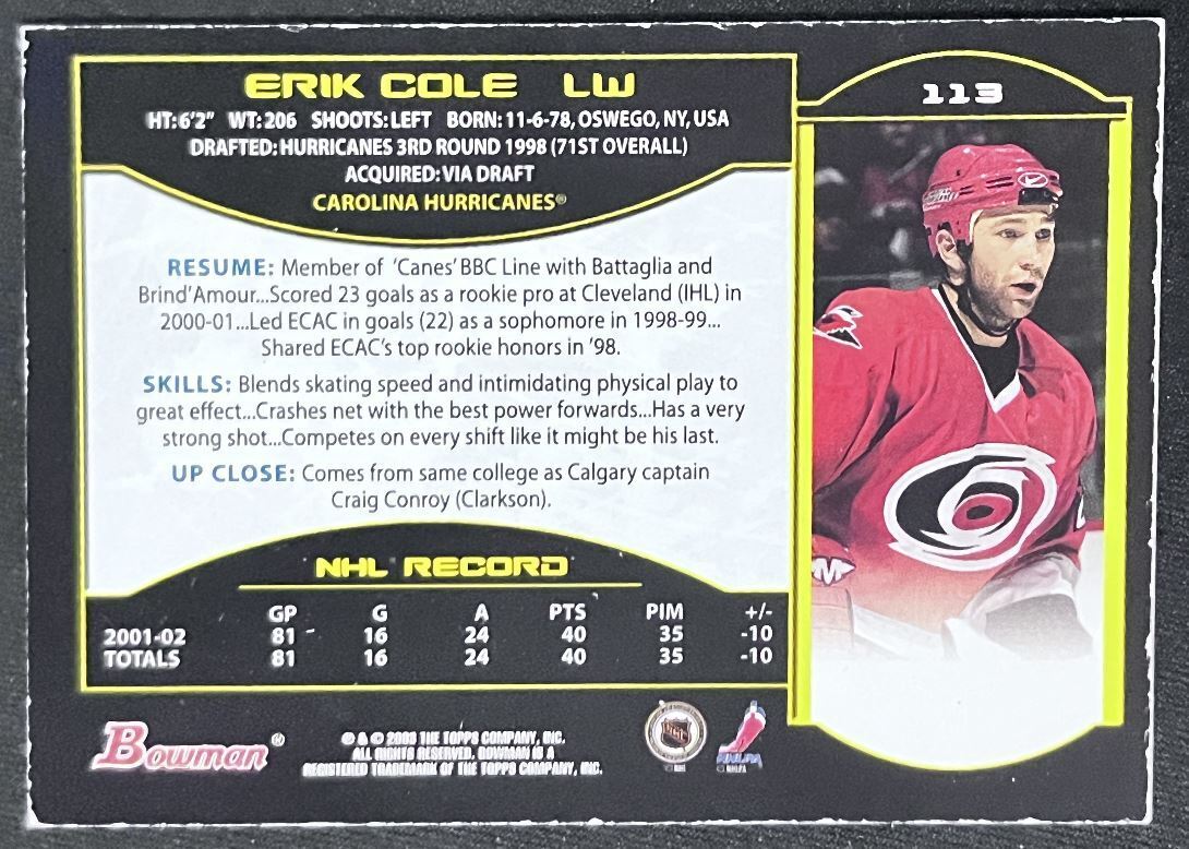 2002-03 Bowman YoungStars Erik Cole Carolina Hurricanes #113