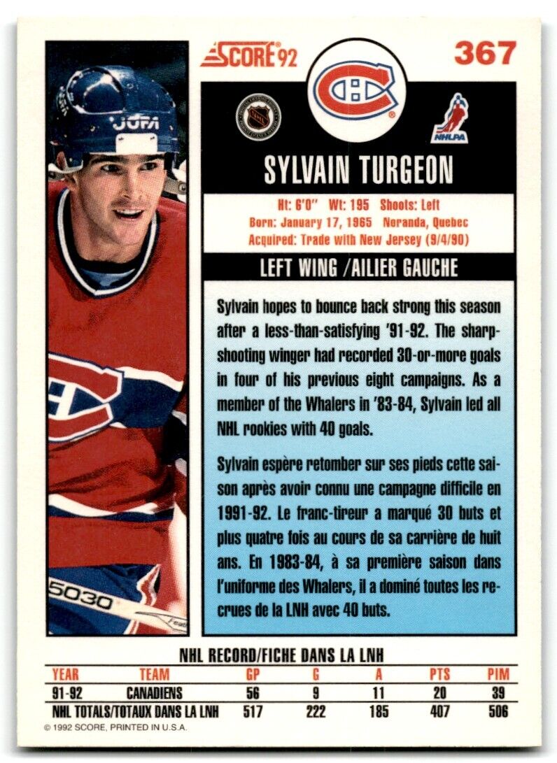 1992-93 Score Sylvain Turgeon Montreal Canadiens #367