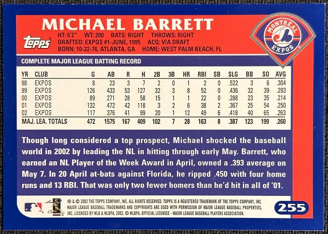 2003 Topps Michael Barrett Montreal Expos #255