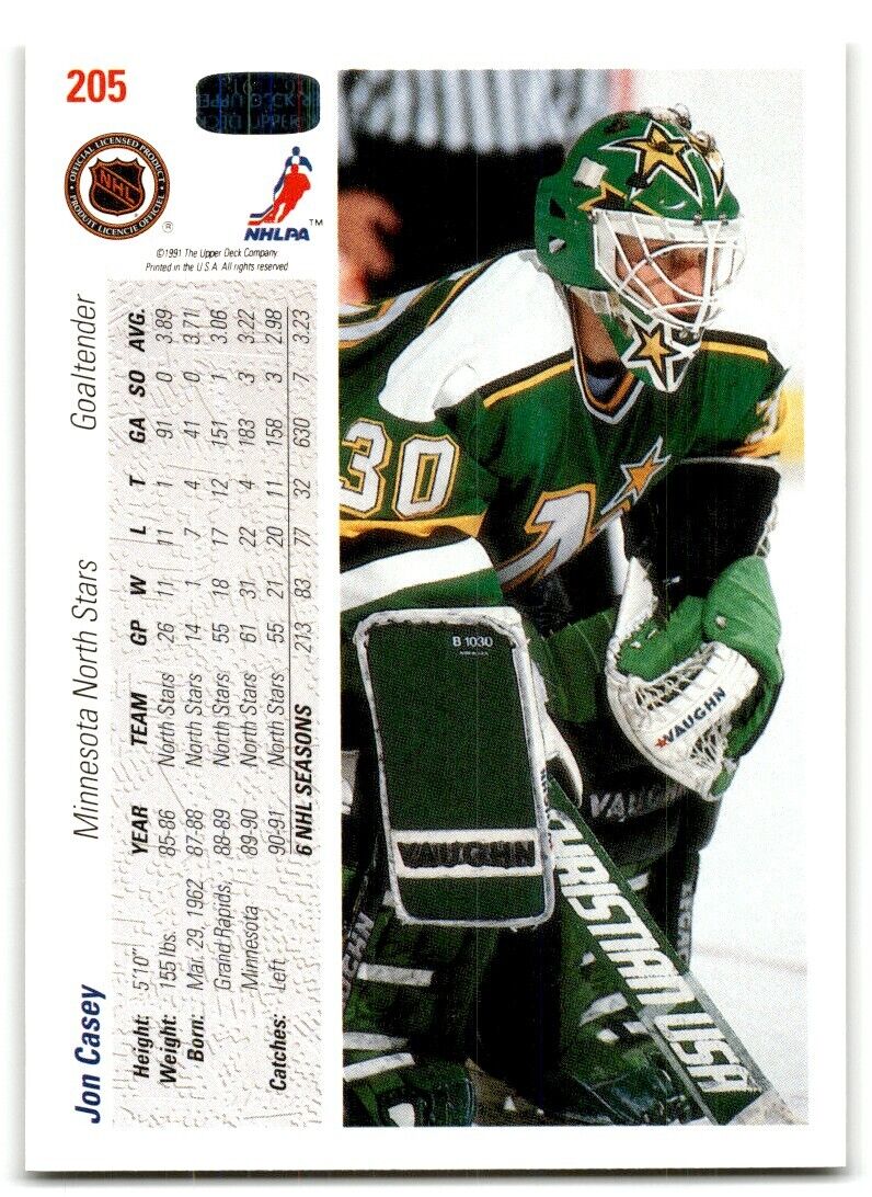 1991-92 Upper Deck Jon Casey Minnesota North Stars #205