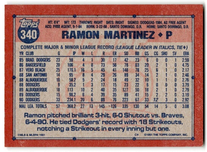 1991 Topps Ramon Martinez Los Angeles Dodgers #340