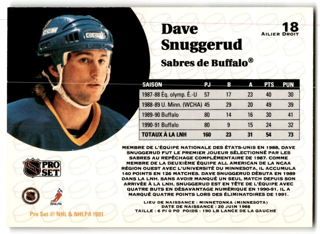 1991-92 Pro Set Dave Snuggerud Buffalo Sabres #18