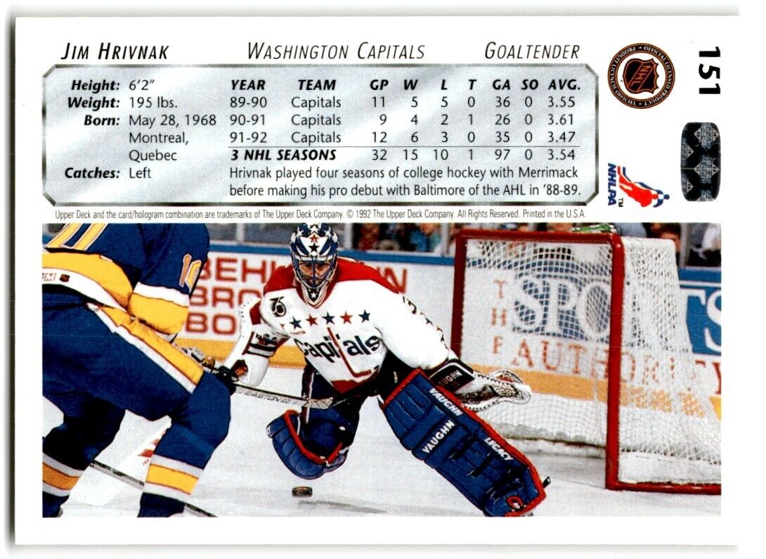 1992-93 Upper Deck Jim Hrivnak Washington Capitals #151