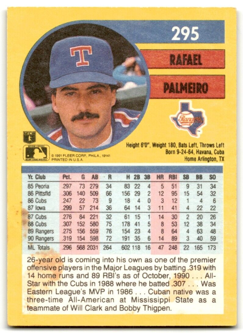 1991 Fleer Rafael Palmeiro Texas Rangers #295