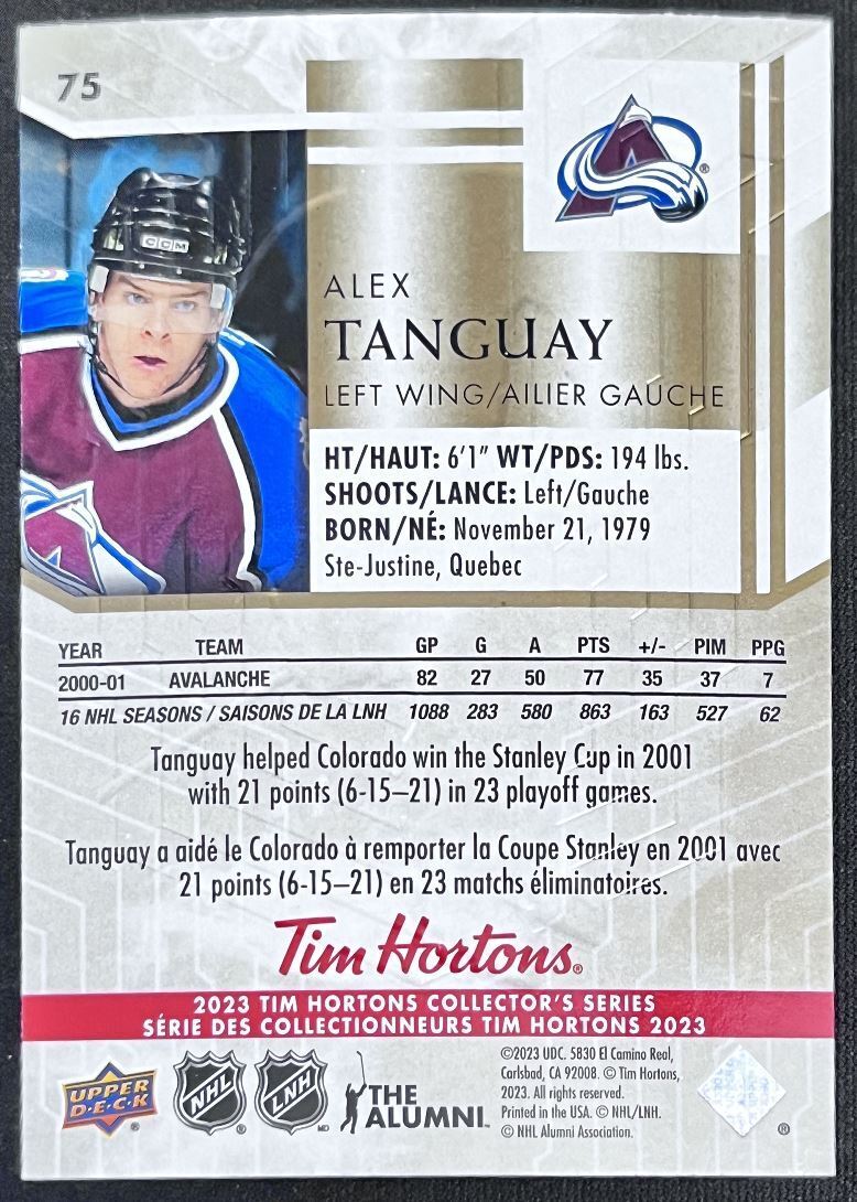 2023-24 Upper Deck Tim Hortons Legends Tim Horton Alex Tanguay Colorado