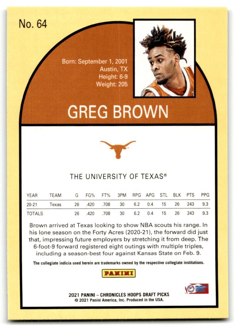 2021-22 Panini Chronicles Draft Picks Greg Brown III Texas Longhorns #64