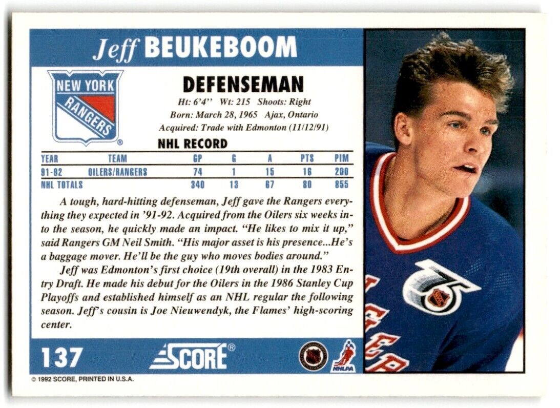 1992-93 Score Jeff Beukeboom New York Rangers #137