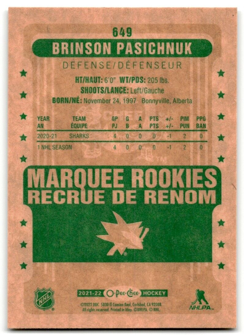 2021-22 O-Pee-Chee Markee Rookies Retro Brinson Pasichnuk Rookie San Jose Sharks