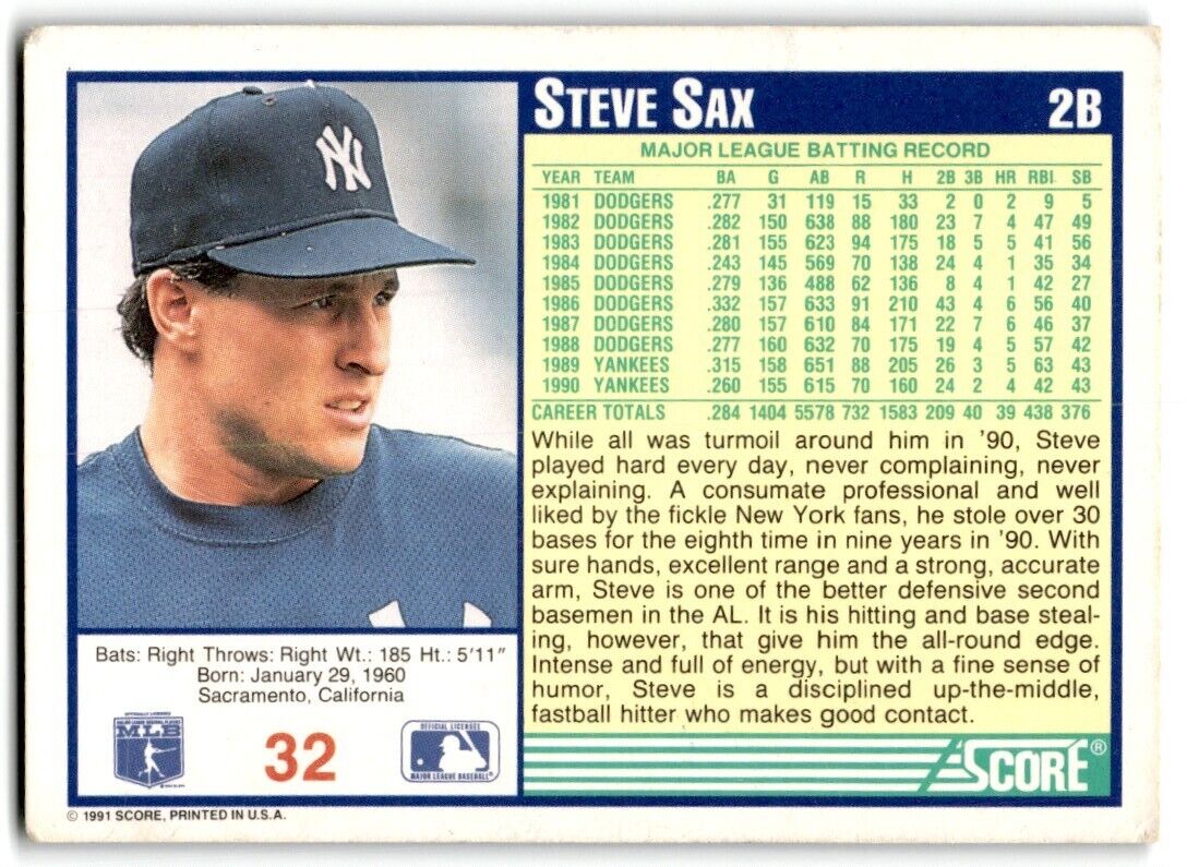 1991 Score Steve Sax New York Yankees #32